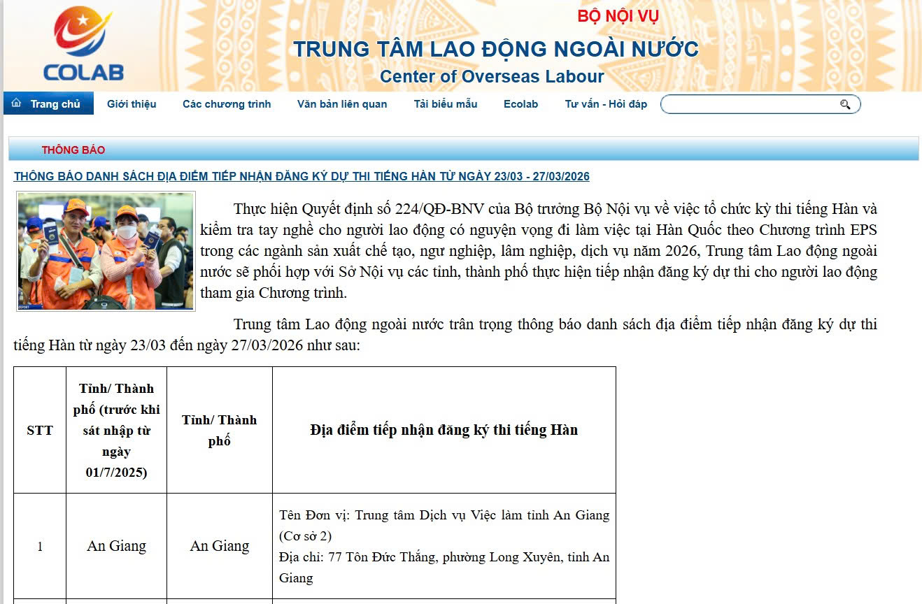 THÔNG BÁO DANH SÁCH ĐỊA ĐIỂM TIẾP NHẬN ĐĂNG KÝ DỰ THI TIÊNG HÀN EPS TỪ NGÀY 23/03 - 27/03/2026