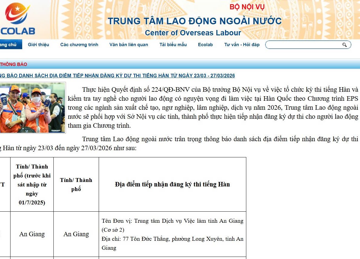 THÔNG BÁO DANH SÁCH ĐỊA ĐIỂM TIẾP NHẬN ĐĂNG KÝ DỰ THI TIÊNG HÀN EPS TỪ NGÀY 23/03 - 27/03/2026